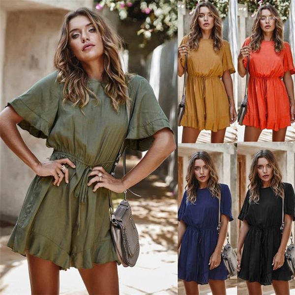 

jumpsuit summer loose short sleeve crew neck waist down shorts jumpsuit famale fashion clothes women solid color, Black;white