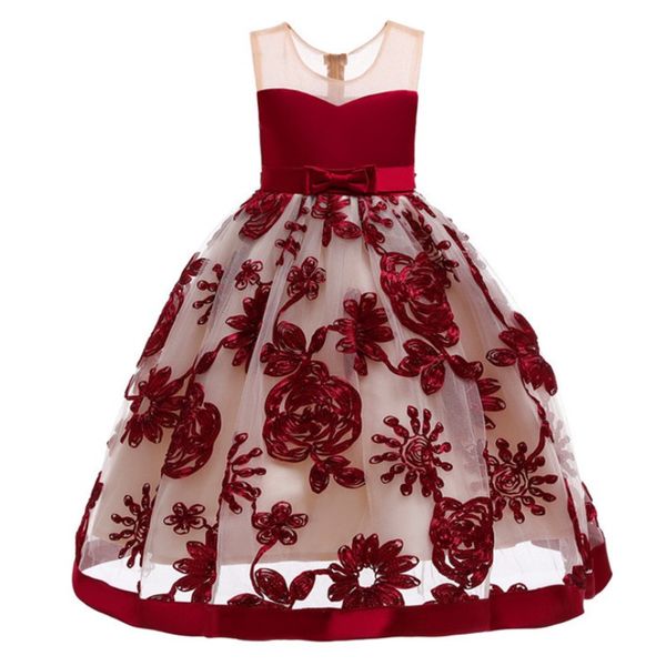 

summer embroidery flower big bow girls wedding pageant party dresses princess formal prom gowns 3-12 years kid girl clothes, Red;yellow