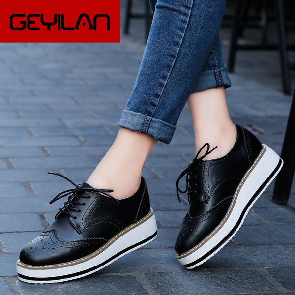 

women oxford shoes platform brogues frosted anti-reflective upper sneakers microfiber casual shoes height increase size 35-43, Black