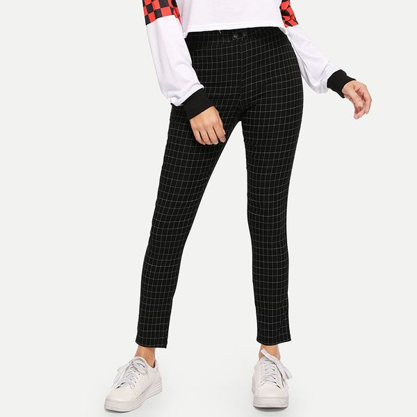 

women's pants & capris black plaid mid waist skinny trousers spring autumn women casual slim fit office lady workwear pencil elegant pa, Black;white
