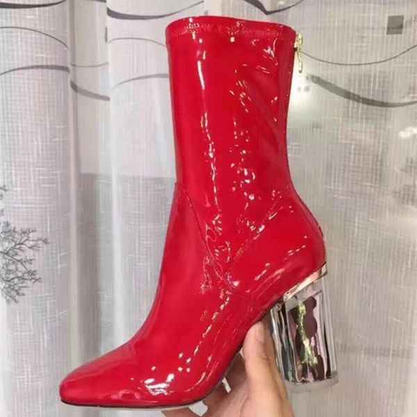 

pvc transparent women ankle boots clear thick heels short bootie round toe back zipper winter shoes women size 34-42, Black