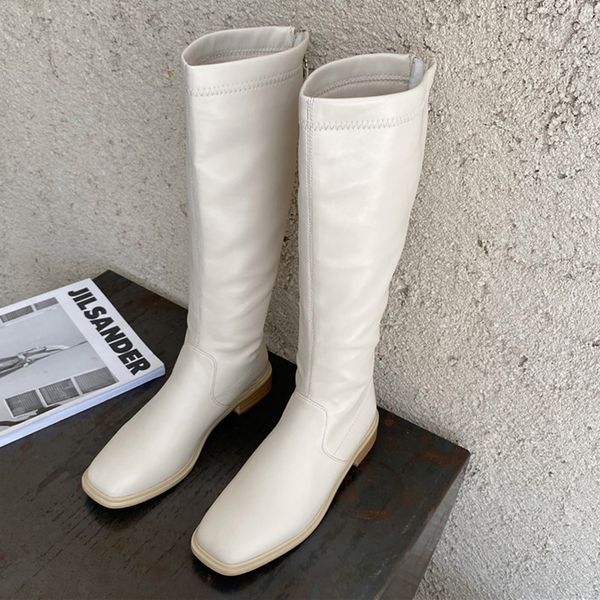 

2020 winter trending women beige boots low square high heels boots autumn soft leather zippers mid-calf drag shoes, Black