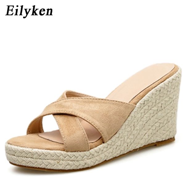 

eilyken ladies casual platform wedges sandals new fashion open toe straw braid rome sandals size 34-39 female beach sandals 0925, Black
