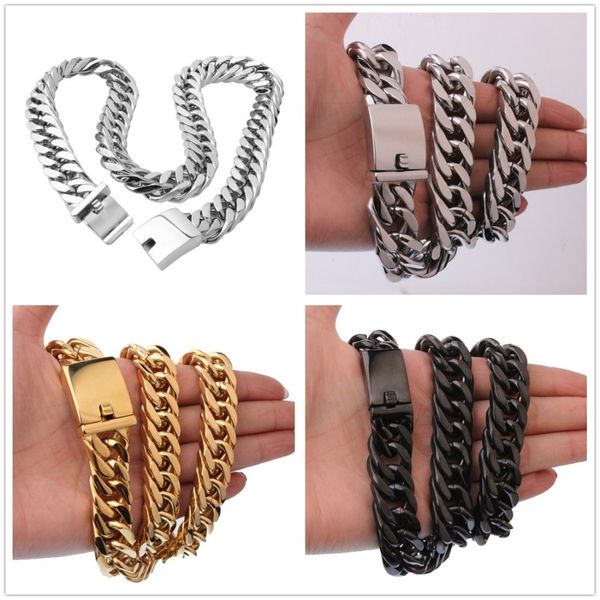 

7-40" 15/17mm huge heavy silver color/gold/black jewelry stainless steel cuban curb link chain mens necklace or bracelet bangle t200824