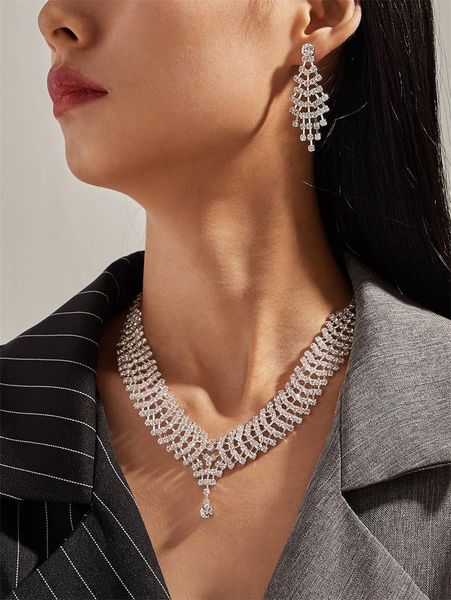 

bride jewelry set european and american necklace earrings two-piece set bright yalia bride jewelry set, Silver