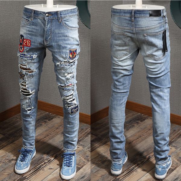 

men's multi patches biker jeans jeans men destroyed slim fit vintage wash stretch denim pants 5 classic pocket, Blue