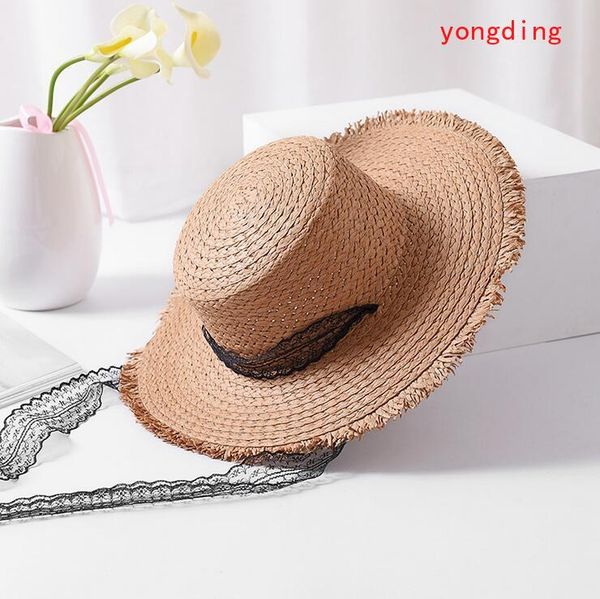 

2020 handmade weave sun hats for women black ribbon lace up large brim straw hat outdoor beach summer caps chapeu feminino, Blue;gray