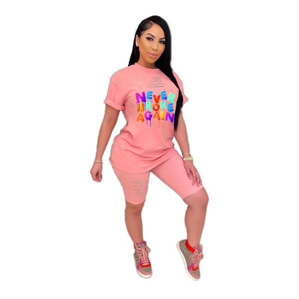 

letter printed designer tracksuits casual slim womens two piece set hole crew neck set ladies plus size, Gray