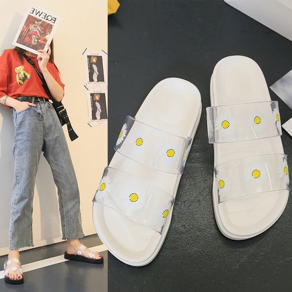 

women fashion cute daisy thick bottom transparent jelly slippers spring and summer outdoor flower slides female indoor shoes, Black