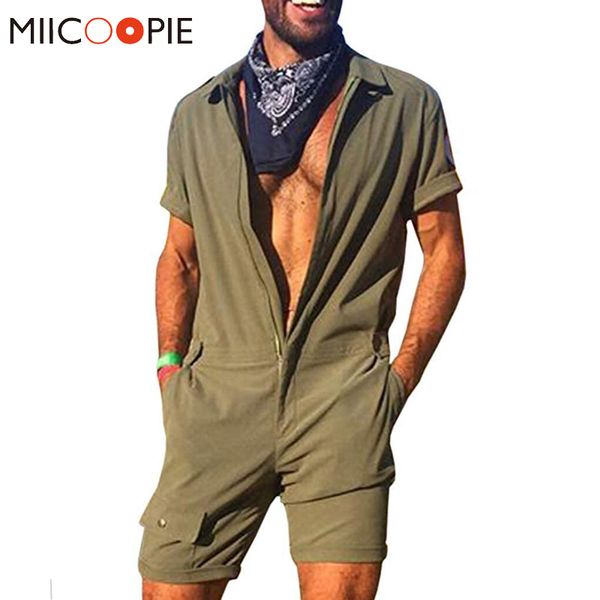 

brand new men romper jumpsui short sleeve cargo overalls playsuit fashion one piece zipper solid color casual joggers streetwear, Gray