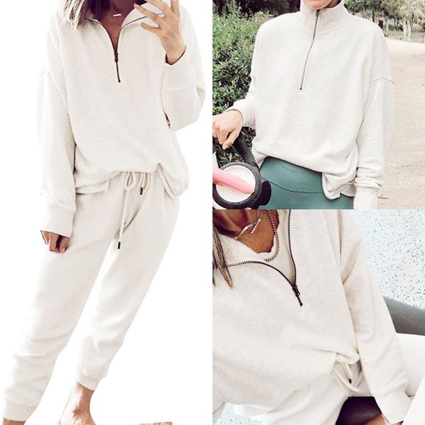 

два piece set женщины spring home одежда solid color zipper top casual drawstring брюки дамский костюм женщины наборы, Gray