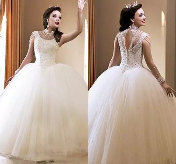 

high neck ball gown wedding dresses 2021 puffy tulle crystal beaded bridal gowns sheer long sleeve vestidos de novia plus size al6996, White