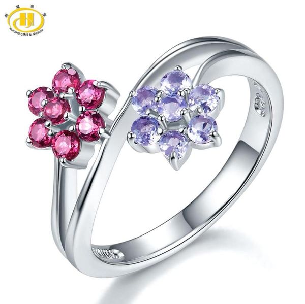 

hutang natural gemstone tanzanite garnet wedding rings solid 925 sterling silver ring flower fine elegant jewelry for women gift, Golden;silver