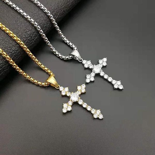 

stainless steel hip hop crystal cross pendant necklace hiphop zircon religious cross necklaces jewelry for men women, Silver