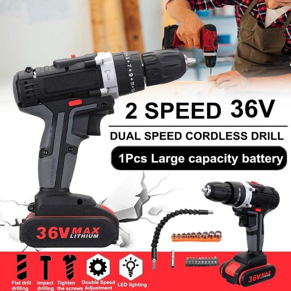 

36v electric screwdriver cordless power drills wireless power driver dc lithium-ion battery 2-speed with drill bit accessories