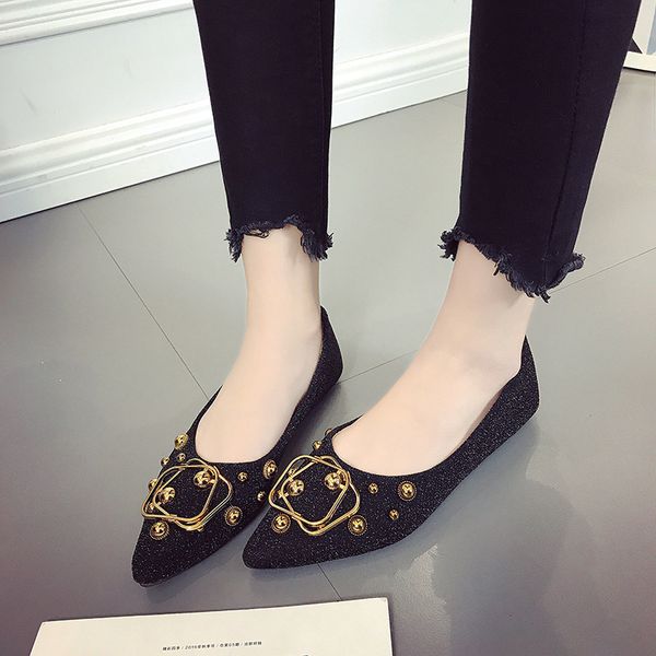 

metal decoration with shallow women basic low heel pumps pointed toe casual slip-on single shoes solid ladies pumps, Black