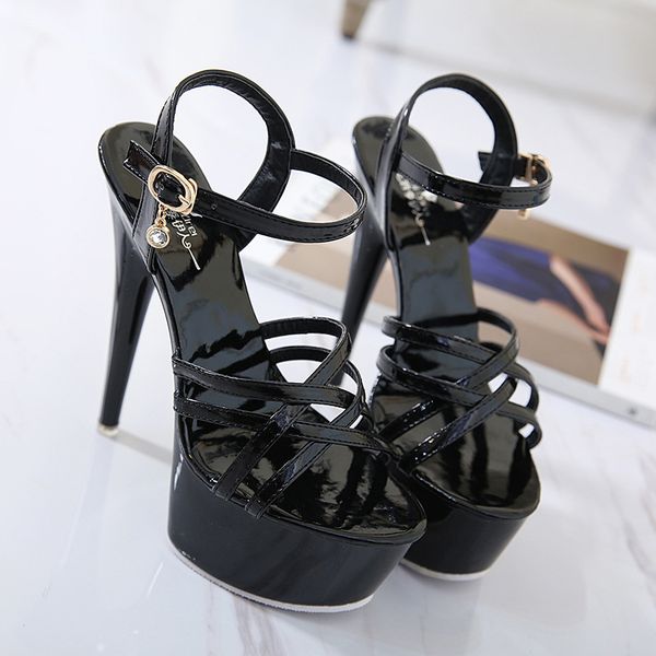 

15см ultra high heel кристалл обувь sexy лакированной кожи стальные трубы танцевальная платформа sandals open toe ночной клуб party высокий, Black