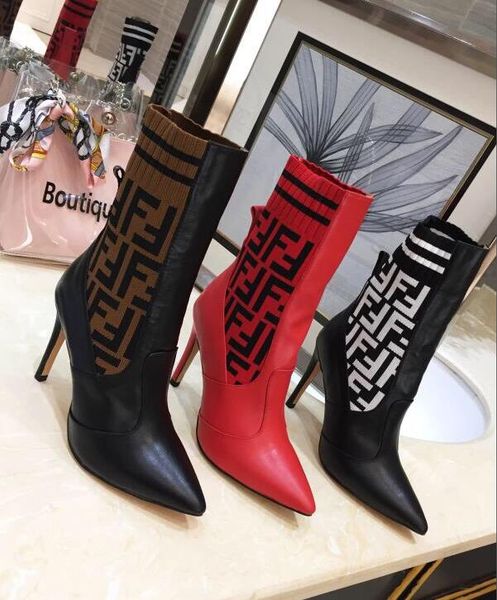 

2020 latest style classic women's fashion design f letter knitting stitching genuine leather high heel boots winter socks shoes