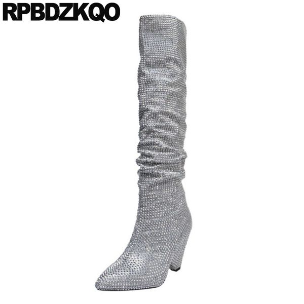 

diamond designer silver chunky shoes women knee high pointed toe sparkly crystal boots rhinestone bling heel, Black