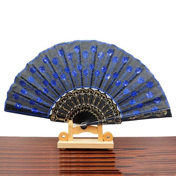 

inch styles design hand embroidery 9 plastic black folding colored fan sequins feather cloth multi-color select peacock chinese fan wkibu