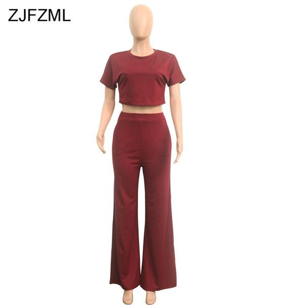 

zjfzml summer 2 piece matching sets women o neck short sleeve crop full length wide leg pant casual solid two pieces outfits, Gray