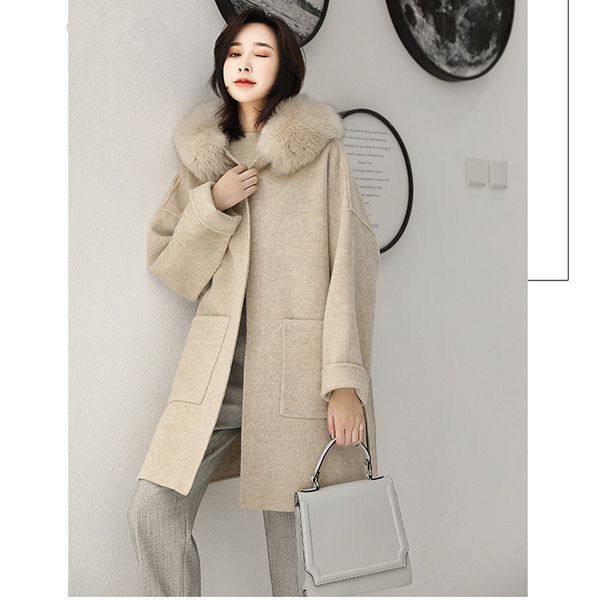 

handmade 2020 women's fur collar wool coat casual jacket ladies winter wool jacket coat cashmere, Black