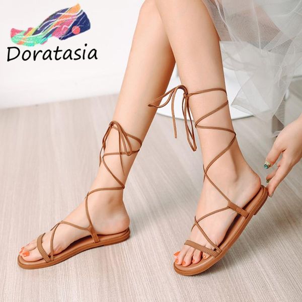 

doratasia new women low heel gladiator shoes summer flat sandals women summer sweet ankle wrap sandals, Black