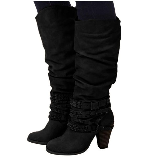 

shoes woman fashion boots zapatos de mujer womens leather rivets strap knee-high buckle shoes cowboy wedges slip-on boots, Black