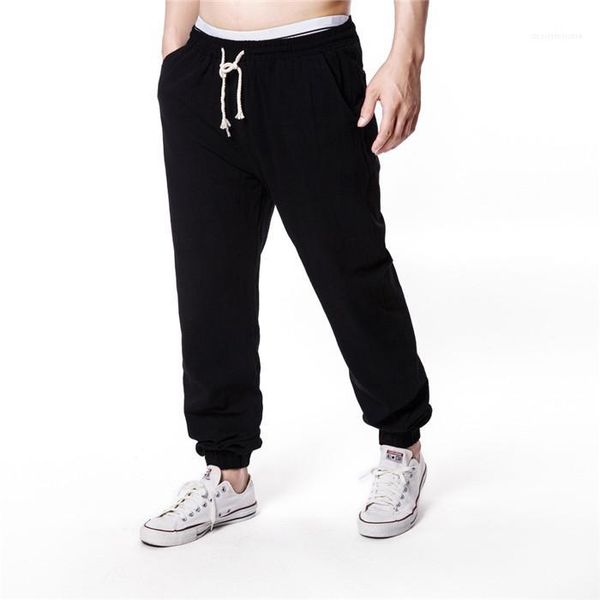 

pants fashion hip pop mens shorts loose cotton and linen drawstring pants solid color ankle banded, Black