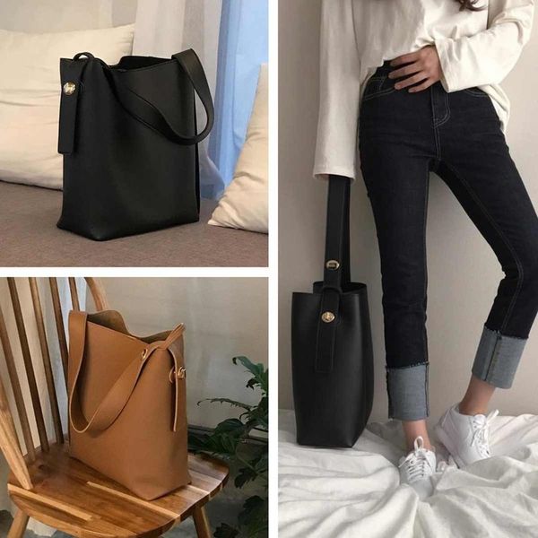 

Fashion All Match Bucket Bag Korean Simple Style Pu Leather Single Shoulder Womens Handbags Female Bag Casual Black Light Brown