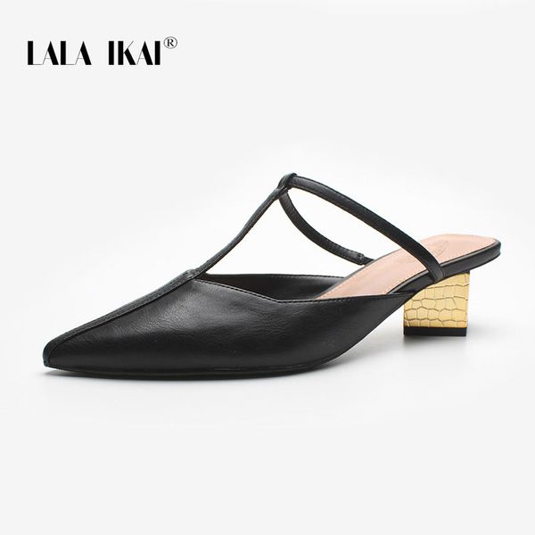

lala ikai women summer slippers casual female med heels muller slippers pu leather sandals office pumps shoes woman wc10171-4, Black