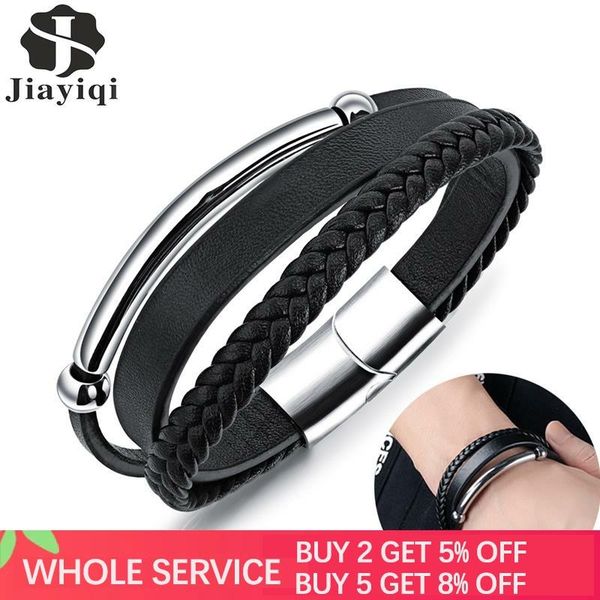 

genuine leather bracelet punk men mutilayer rope chain stainless steel magnetic clasps bangle for male 2020 fashion jewelry gift, Golden;silver