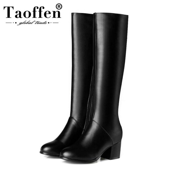 

taoffen knee high boots women big size 34-45 brand new winter keep warm long boots casual zipper square heels shoes women, Black