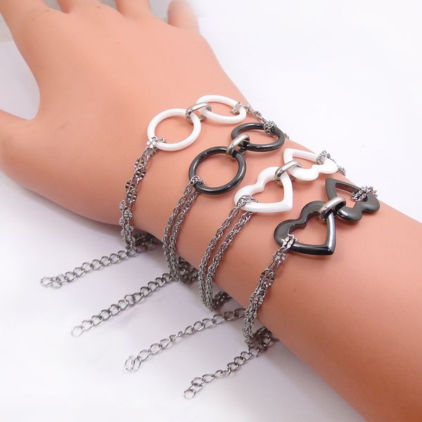 

new black white ceramic bracelet 22mm women men jewelry double heart circle charms stainless steel chain bracelet dropshipping, Golden;silver