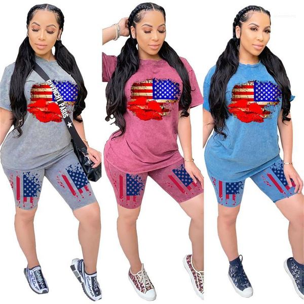 

women summer clothing us independent day women tracksuits casual short sleeve o neck two piece shorts 20ss new, Gray