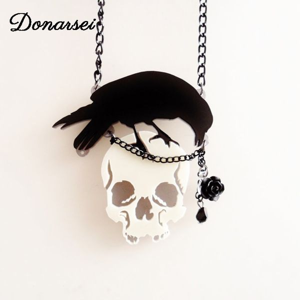 

donarsei halloween acrylic crow skull necklace for women hallowmas punk costume cosplay raven skeleton pendant necklace party, Silver