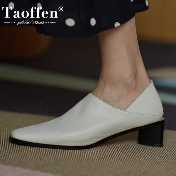 

taoffen new fashion real leather pumps square toe thick heel shallow slip on shoes outdoor casual female footwear size 34-40, Black