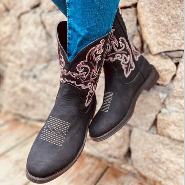 

2020 платформа женщина boots вышитой осень зима кожа pu сапоги женщина круглый toe низких каблуков западной пастушка дама девушка, Black