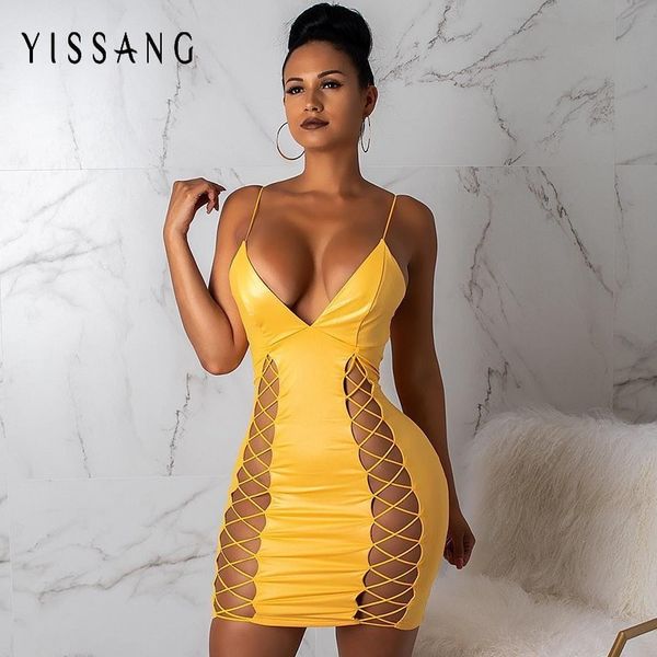

casual dresses yissang pu bodycon dress women spaghetti strap summer autumn leather 2021 elegant yellow party club bandage vestidos, Black;gray