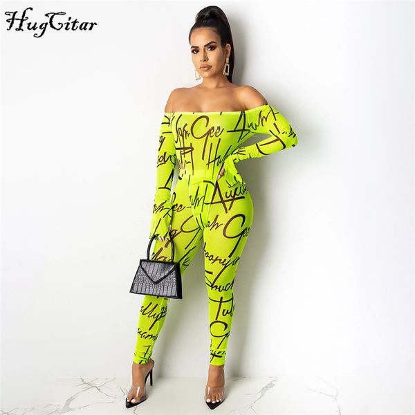

hugcitar 2020 letters slash neck mesh see-through bodysuit leggins 2 pieces set autumn winter women streetwear tracksuit, Gray