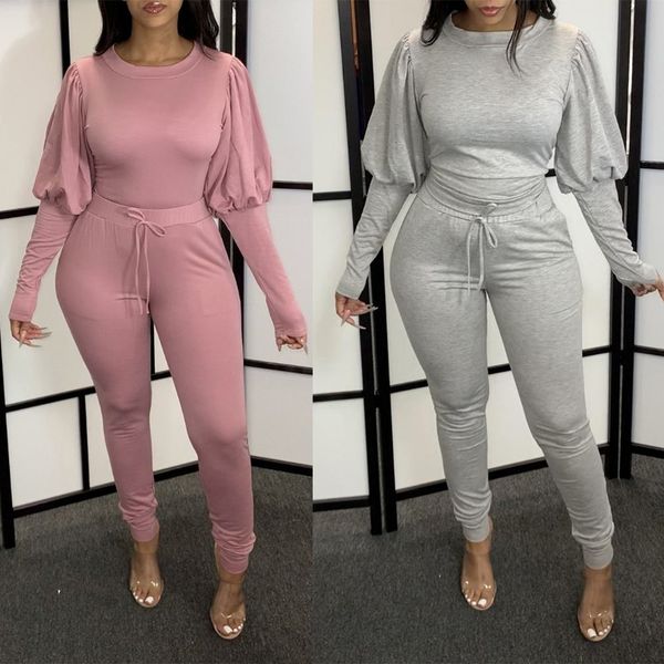 

women tracksuit two pieces set solid colour slim new bubble sleeve long pants home leisure ladies suits outfits 2020, Gray