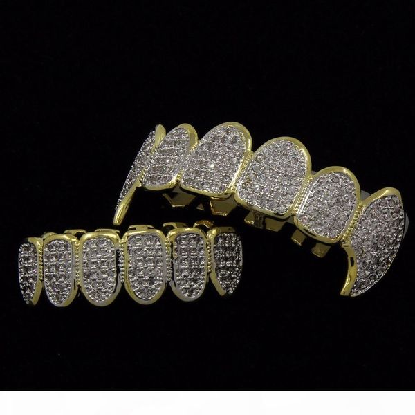 

new shining hip hop grillz iced out cz fang mouth teeth grillz caps & bottom grill set men women vampire grills, Black