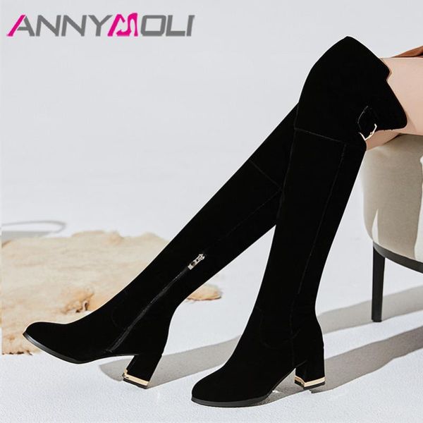 

annymoli winter thigh high boots women buckle thick high heels over the knee boots zipper round toe shoes ladies plus size 33-43, Black