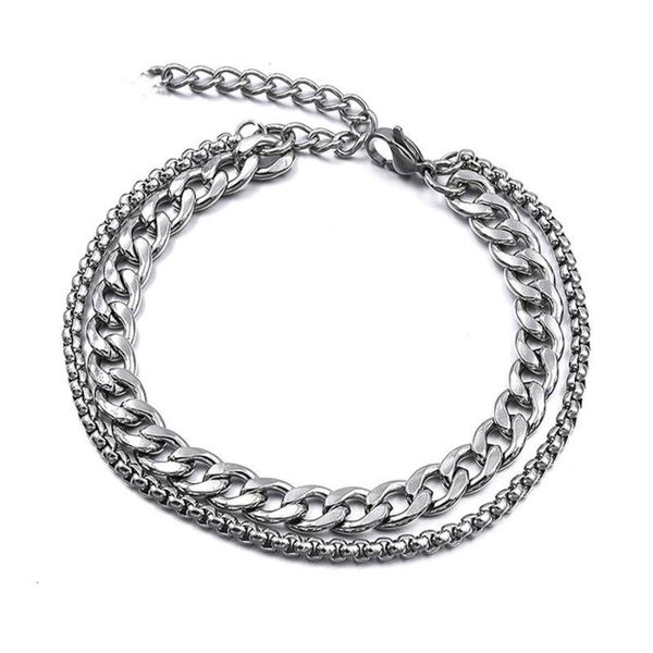 

double layer stainless steel bracelet curb cuban silver color punk bracelet for men fashion jewelry, Black