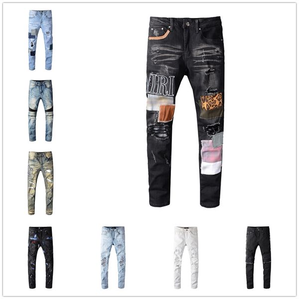 

2020 mens jeans distressed motorcycle biker jeans slim ripped hole stripe famous brand denim pants hip hop jeans az, Blue