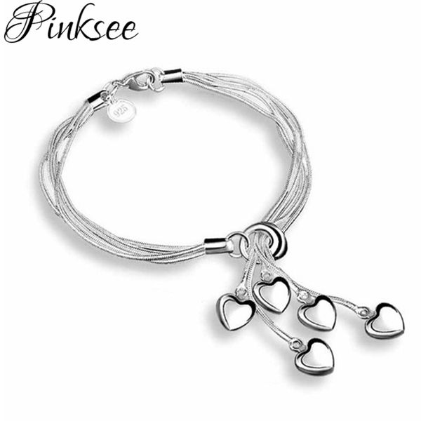 

pinksee creative fashion silver plated heart tassel pendant bracelet women girls elegant multilayer chain jewelry accessories, Golden;silver