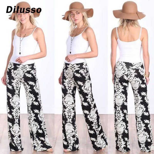 

women beach wide leg pants plus size loose high waist pants 2020 summer vintage print women trousers ladies clothing#d3, Black;white