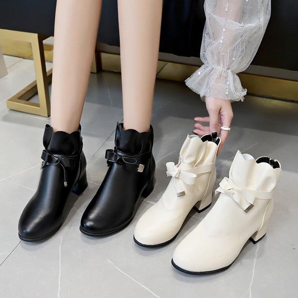 

2020 new spring autumn women single boots girls sweet ruffles thick heel short boots female bowknot mid-heel single shoes 35-41, Black