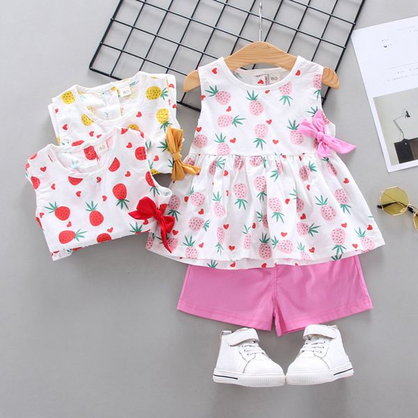 

excelent lovely summer toddler girls clothes sets short sleeve pineapple print bow solid casual shorts korean children's set, White