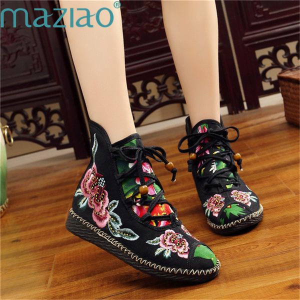 

boots chinese autumn winter women flower embroidered shoes ethnic lace up woman snow booties botas mujer maziao, Black